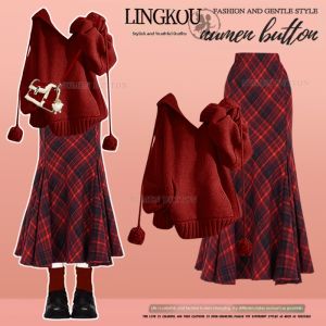NUMEN BUTTON | High-end Hooded Tweed Two-piece Dress Set with Fish Tail Skirt Large Size