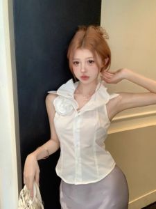 Pure White Flower Print Sleeveless Shirt Womens Summer Slim Fit Stand Collar Blouse with Lace Trim Waist Cinching Top