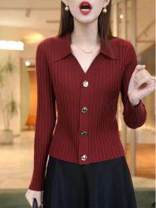 Elegant Wine Red V-Neck Knitted Cardigan Womens Spring Autumn plus Size Slimming Short Style European Top Inner Shirt