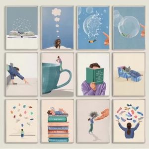 BILIBILI | Minimalist Girl Read Book Balloon Posters Daily Life Wall Art Canvas Painting Prints Cup Abstract Pictures for Living Room Decor