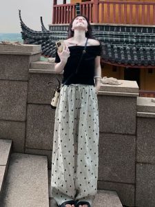 XIAOQIAOJIA | Korean Style Black One Shoulder Short Sleeve T-Shirt Womens Summer High Waist Casual Polka Dot Wide Leg Pants Two Piece Set
