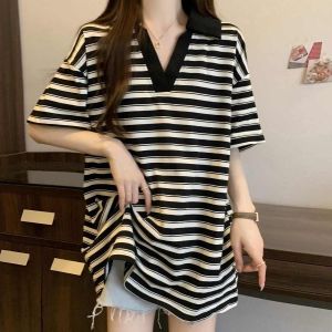 Lemak kakak 150kg t-shirt longgar besar berjalur Polo leher pendek lengan wanita atas