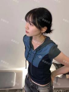 MSCHF Sweet Potato Summer Splice Half Zipper Hoodie Short Sleeve Slim Fit Casual Sport T-shirt Comfortable Breathable Soft Ladies T-shirt