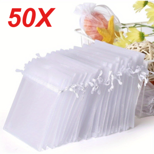 50PCS White Organza Bags Mesh Organza Jewelry Bags Drawstring Small Drawstring Favor Pouches Christmas Candy Wedding Birthday