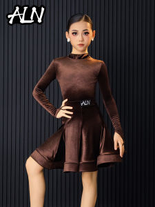 Elite Competition Latin Dance Costume for Girls Velvet Performance Uniform Half High Collar A-Line Skirt Removable Chest Pad