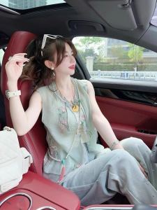 Elegant Chinese Style Mint Green Lace Vest Womens Summer Thin Outerwear Fashionable Trendy Sleeveless Top Commute Friendly