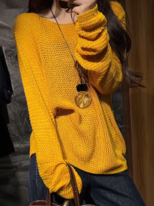SUOXIMENG | Large Size Yellow Round Neck Hollow Knitted Top Womens Fashion Trend Vintage Attract Attention Autumn New Arrival Commute Style
