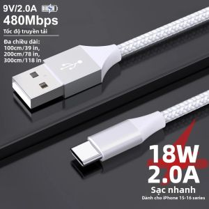 Cáp Sạc Nhanh 1M/2M/3M USB A Đến Type C Dây Bện Nylon Bền 480Mbps Tương Thích Với iPhone 16/15 Pro Max Samsung