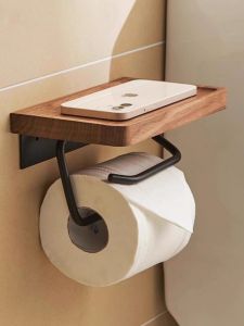 MOSHANG | Walnut Wood No-Drill Bathroom Storage Rack Toilet Paper Holder