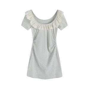 Julu Studio "No Noise from Ashes" Slightly Oversized Girls Square Collar Short Sleeve Waist-Tight Hip-Wrapped Plus Size Dress Gray