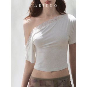 Soft White Lacy One-Shoulder Waist-Cinched T-Shirt