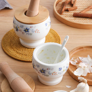 Kitchen Ceramic Mortar and Pestle Set Spice Herb Garlic Crusher Guacamole Bowl with Lid Spoon