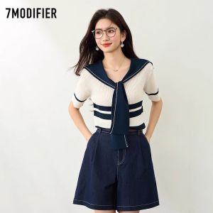 7.Modifier | Áo Thun Knit Màu Chắn Dọc Sọc Mới Cho Nữ