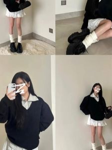 Màu Đen Cổ Chữ V Áo Len Phụ Nữ Sớm Mùa Thu 2024 Phong Cách Mới Xuân Hè Nửa Váy Thanh Lịch Toàn Bộ Bộ Phong Cách Hàn Quốc Đi Làm Văn Phòng