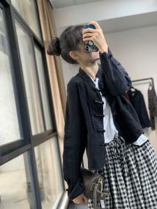 Original Design Embroidered Line Cotton Linen Spring Autumn Loose Casual Style Button up Womens Open Cardigan Shirt Coat