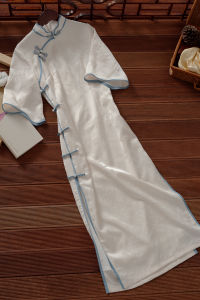 New Chinese Style Young Womens Qipao Dress Jiangnan Fu White Ancient Method Low Collar Large Sleeve Daily Elegant Long Qipao