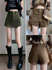 Quần Short Denim Cạp Cao Phong Cách Mỹ Cổ Điển Màu Kaki Quần Short Ống Rộng Dáng Chữ a Cạp Cao Cho Nữ Mùa Xuân Thu