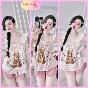 (40-62kg) °Latin Tơ Tằm° Đồ bộ Pijama Đùi 2 Dây Cánh tiên Sơ mi Cổ Thun nhún Bộ ngủ mặc nhà Lụa mềm mịn mát Thiết Kế họa tiết Hot Trend Xinh Sang