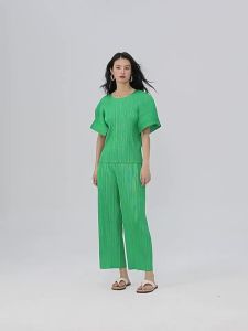 2185-2192 One Size (45-75kg) Miyake Set Spring Summer Round Neck Versatile T-Shirt Solid Color Loose Casual Straight Pants