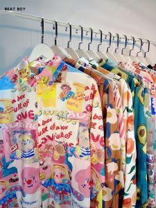 Sweet Style Funny Cartoon Full Printed Long Sleeves Shirt Men and Women Early Autumn Dopamine Wear Match Loose Easiest for Match Flower Shirt Fashion