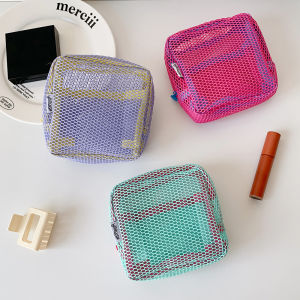 INS Style Mesh Mini Makeup Bag Dopamine Color-blocking Series Square Storage Bag Portable Toiletry Storage Bag Coin Purse