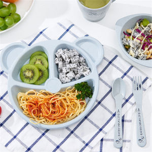 Baby Bowl+spoon+fork Feeding Food Tableware Set Cartoon Bear Kids Dishes Eating Dinnerware Anti-hot Wheat Straw Training Plate