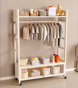 Metal Coat Rack Clothes Hanger With Wheel Bedroom All-in-one Cloth Hanger Floor Standing Clothes Organizer Rack