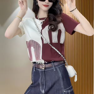 Summer Short Sleeve T-Shirt Womens Fashion Color Block Design Casual Printed Regular Shoulder Top Cotton Blend Comfortable