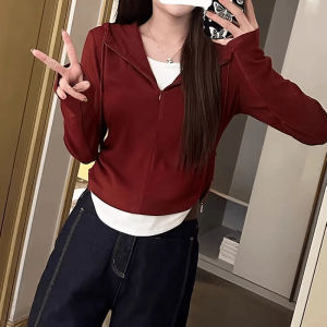 Pure Cotton Long Sleeve Hoodie Womens T-shirt Slimming Base Layer Shirt Korean Style Commute Fashion Autumn Season