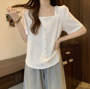 Plus Size Beaded Heavy Industry Shirt Stylish Niche Style Square Collar Shirt Womens Summer Plus Size Ladies French Style Unique Chic Tops