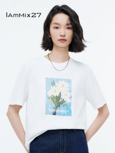 IAmMIX27 Summer Pure Cotton T-Shirt Womens Loose Fashion Casual round Neck Oil Painting Print Short Sleeve Base Shirt