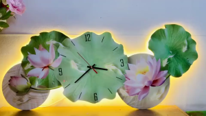 (CÓ ẢNH THẬT) Tranh đồng hồ đèn led hoa sen xanh lá 2 trang trí phòng khách nhà hàng khách sạn