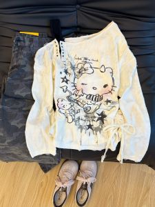 Sweet Cool Y2K Cat Print Long Sleeve Womens Autumn New Loose Slimming Drawstring Design Shoulder Bared Top Casual Style Cotton Polyester