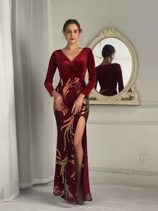 Korean Velvet sequin long sleeve women evening party dress Female maxi Performance Gown