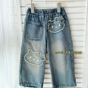 Sweet Spicy Japanese Girl Kitty Cat Retro Style Jeans Loose Long Pants Womens Spring Autumn Fleece Lined Denim Pants