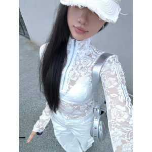 Áo Thun Nửa Khóa Kéo Cổ Điển Mỹ Ren Nữ Gợi Cảm Slim Áo Croptop Ngắn Cộc Tay Không Tay Mặc Công Sở Thoải Mái Áo Thun Dài Tay Khoét Rỗng