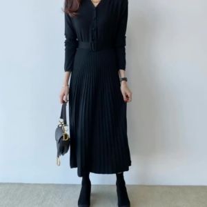 Korean Chic Autumn and Winter New Solid Color Versatile Knitted V-neck Dress Women Long Sleeve Single Breasted Office Long Dress