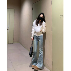 Light Wash American Style Bell Bottom Jeans Womens High Waist Slimming Elastic Long Retro Horse Hoof Pants Spring Autumn