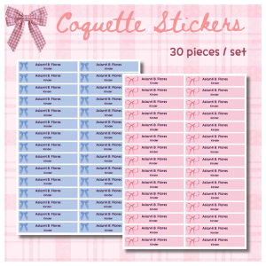 Name Sticker Personalized Waterproof Pink Ribbon Coquette Cute Notebook Books Label School Aesthetic School Kids Set New