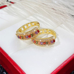 Huitan Gold Color Hoop Earrings for Women Luxury Inlaid Rainbow Cubic Zirconia Modern Fashion Ear Accessories Hot Jewelry