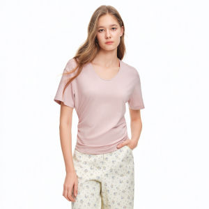 DUSHU | Smile U-Neck Ruched Waist Short Sleeve T-Shirt