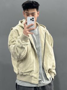 Kaki Short เสื้อโค้ท Mens ฤดูใบไม้ผลิ ฤดูใบไม้ร่วง Workwear Style Baseball เสื้อแจ็คเก็ต With Hood High End Harrington เสื้อแจ็คเก็ต หลวม Fit ลำลอง Wear