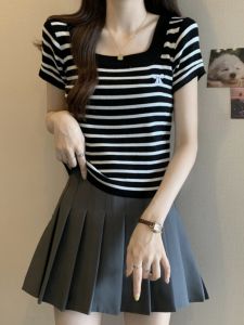 AIYITI | Summer Off-Shoulder Striped Ice Silk Knit Short Sleeve T-Shirt for Plus Size Women