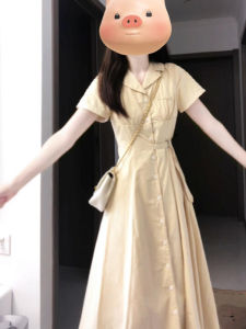 French Shirt Dress Women Summer New High Waist Simple Elegance Waist Inward Long Dress Cotton Polyester A-Line Skirt Short Sleeve