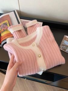 Pink Bear Fur Knitted Open Cardigan Womens Spring Autumn Lazy Style Inner Wear Base Sweater Coat Top Medium Softness Long Sleeve