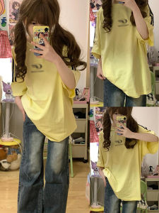American Style Yellow Three Bars Short Sleeve T-Shirt Women Summer High School Cotton Heavyweight Oversize Top Korean Version