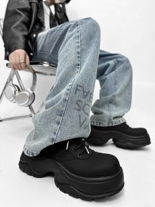 Mens Derby Shoes Thick Bottom Dad Black Samurai Casual Leather Shoes Retro Paris Style Flat Top Glue Adhesive Rubber Soles