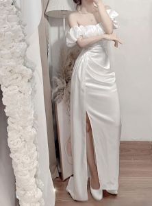 Đầm Body Dạ Hội Trễ Vai Phi Corset Eo Siêu Sang Dự Tiệc Chất Phi Thái Phi Corset Eo Có Mút 2 Màu Đỏ Trắng