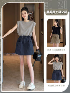 Womens Summer Slim Fit Two-Piece Set Sleeveless T-Shirt Vest Top Wide Leg Shorts Fashionable Casual Wear Polyester Blend