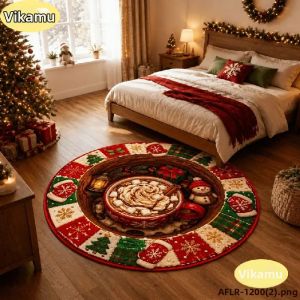 Thảm Giáng Sinh Hình Tròn Lớn VIKAMA Với Vòng Hoa Holly Quả Mọng Đỏ Và Bông Tuyết - Thảm Trải Sàn Trong Nhà Trang Trí Nhà Cửa Thẩm Mỹ Nghệ Thuật Chất Liệu Polyester Cao Cấp Dành Cho Phòng Khách